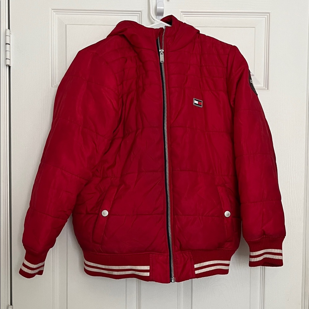 Tommy Hilfiger Kids Red Puffer Coat with Striped Cuffs